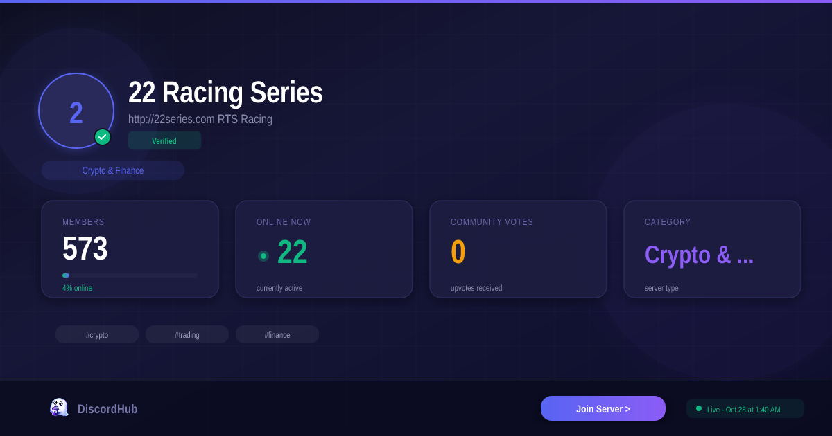 22 Racing Series Discord Server — 574 Members | Top Crypto & Finance [2026]