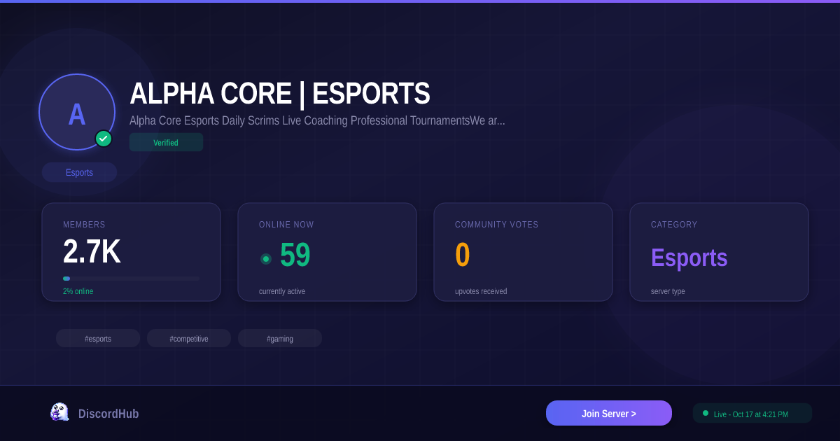 ALPHA CORE | ESPORTS Discord Server — 2,364 Members | Top Esports [2026]