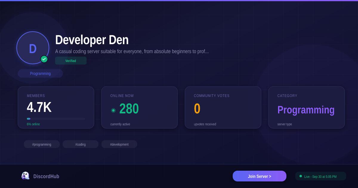 Developer Den Discord Server — Programming Community | 4.5K+ Members