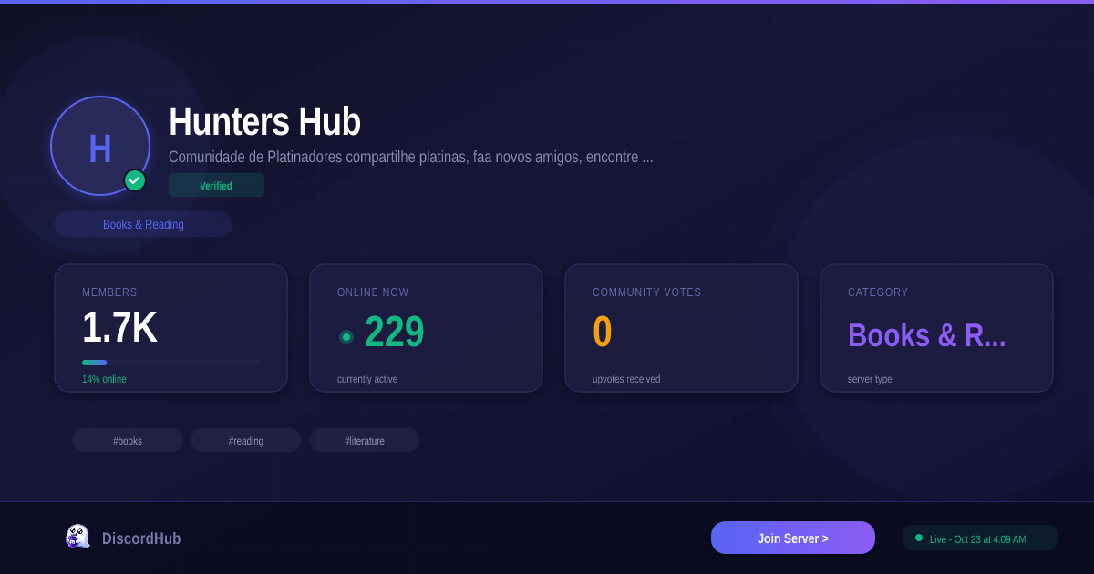 Hunters Hub 🏆 Discord Server — 1.4K+ Members | Best Books & Reading [2026]