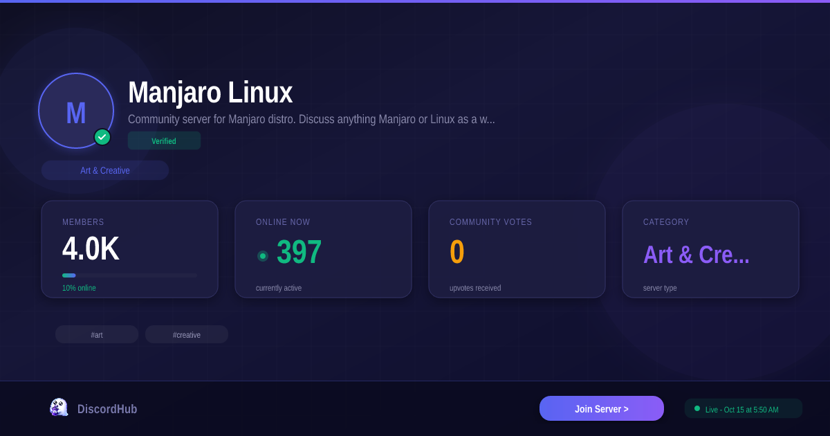 Manjaro Linux Discord Server — 4,031 Members | Top Art & Creative [2026]